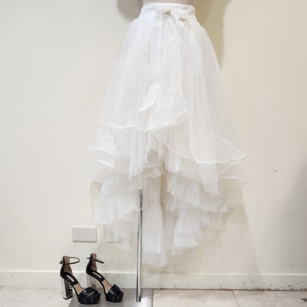 💋BOMBSHELL!💋 GRACIA WHITE HIGH-LOW LAYERED RUFFLED PLEATED TULLE & MESH SKIRT - Picture 10 of 16
